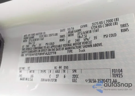 2017 Ford F-150 Xlt из США, поврежденный, VIN 1FTEW1EF8HFA22778